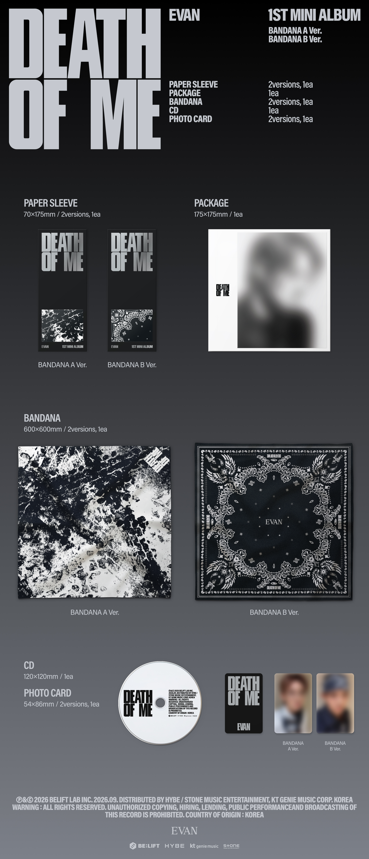 EVAN - 1ST MINI ALBUM [DEATH OF ME] (BANDANA A Ver. / BANDANA B Ver.)Random