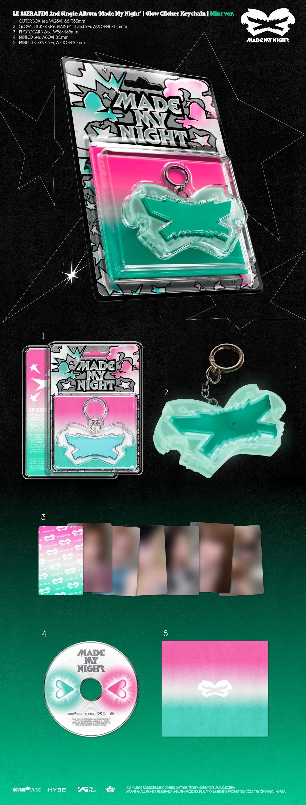 ⏰LE SSERAFIM - 2nd Single Album [Made My Night] (Glow Clicker Keychain (Mint ver.))