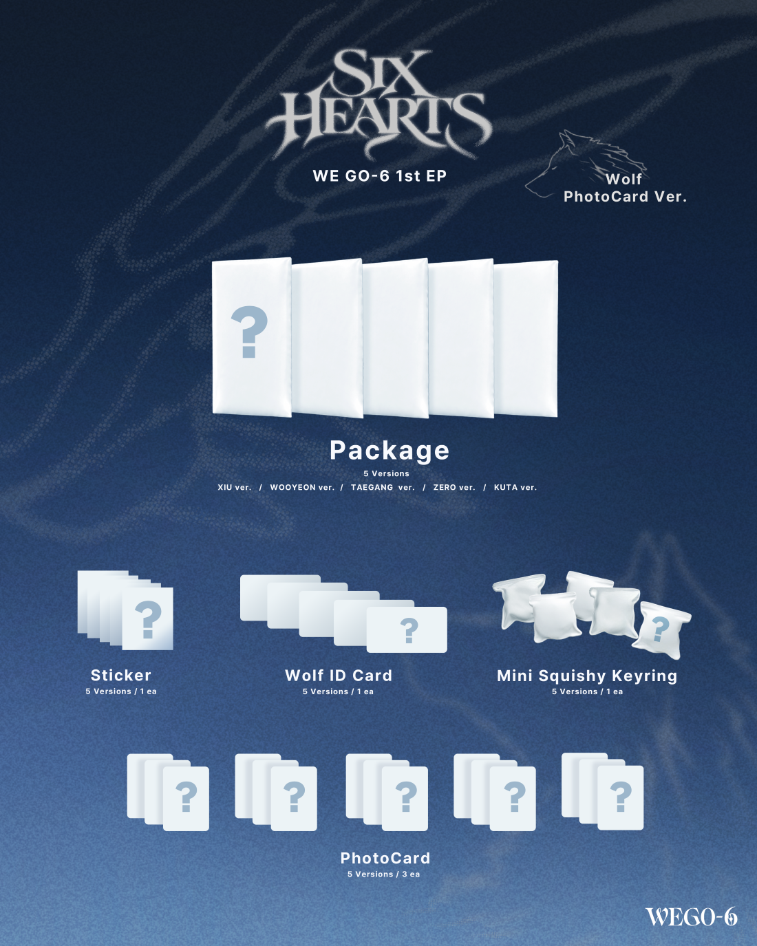 ⏰WE GO-6 - 1st Mini Album [SIX HEARTS] (Wolf PhotoCard Ver.)